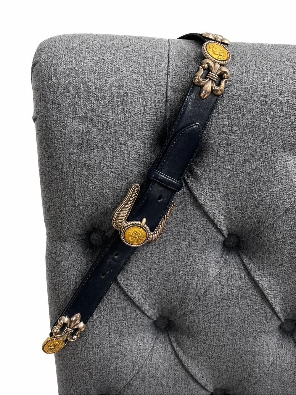 Brighton Navy Leather Belt with Gold Medallion Hardware